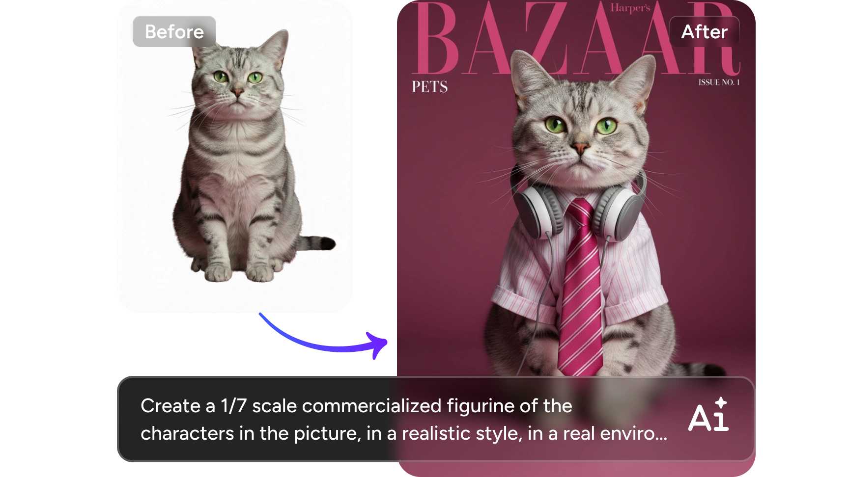 ai magazine cover featuring an adorable cat dressed in clothes and wearing headphones